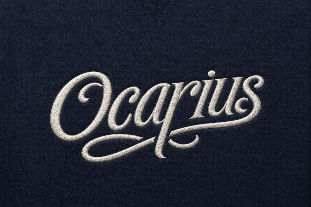 Embroidered Ocarius logo on navy cotton garment